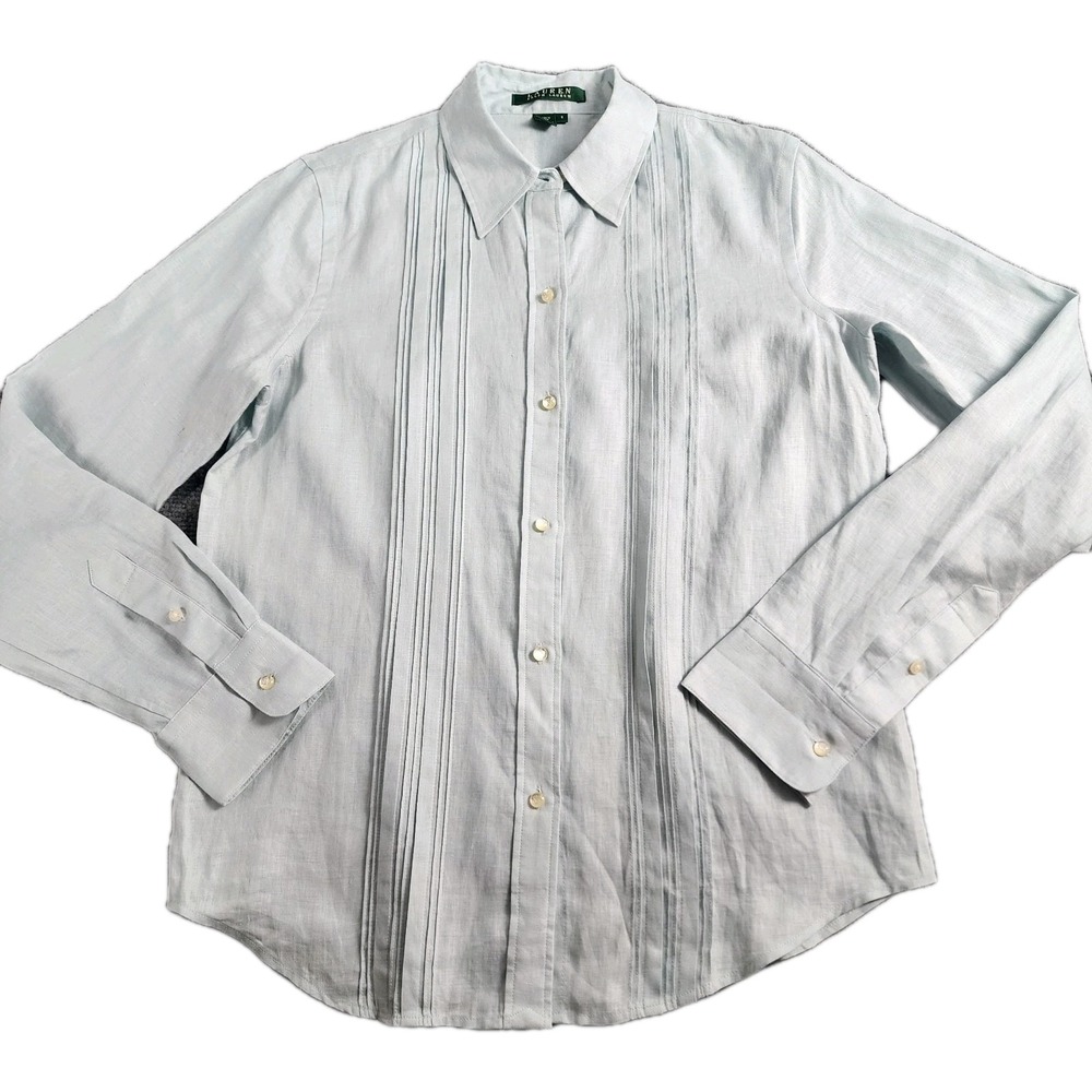 Lauren Ralph Lauren S Blue 100% Linen Shirt Button Up Pleated Coastal‎ Resort